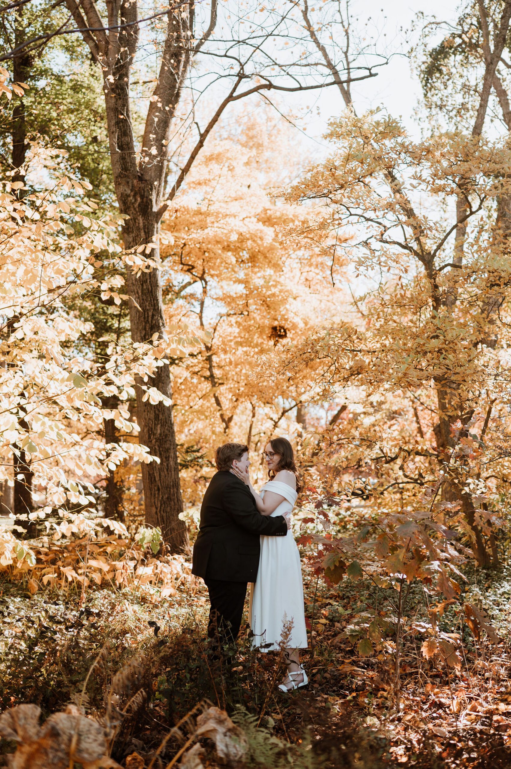 Couple portraits at Cantigny gardens with elegant outdoor setting