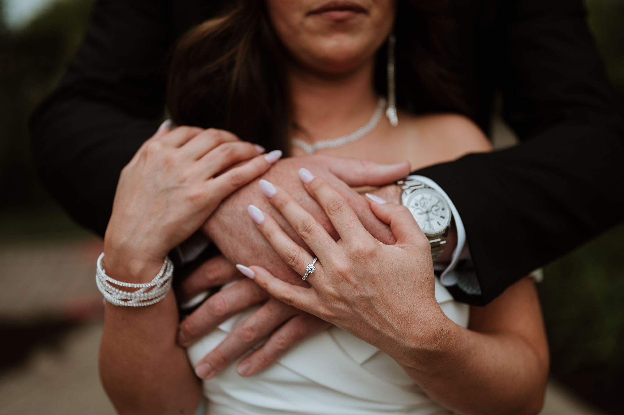 Bride and groom photos in Naperville riverwalk.
