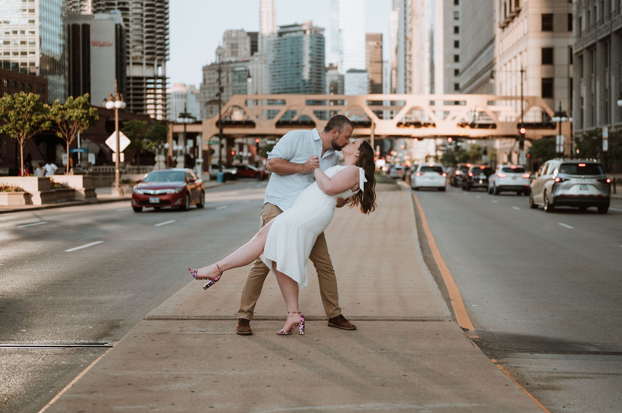 Engagement photos in River North Chicago urban city setting