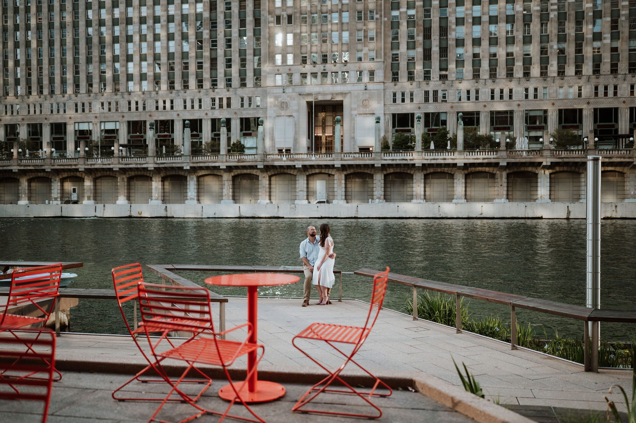 Wedding photo location in River North with modern architecture
